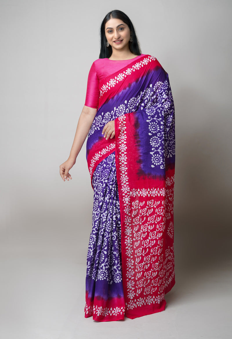 Dark Blue-Red Pure  Hand Batik Printed Cotton Saree-UNM73411