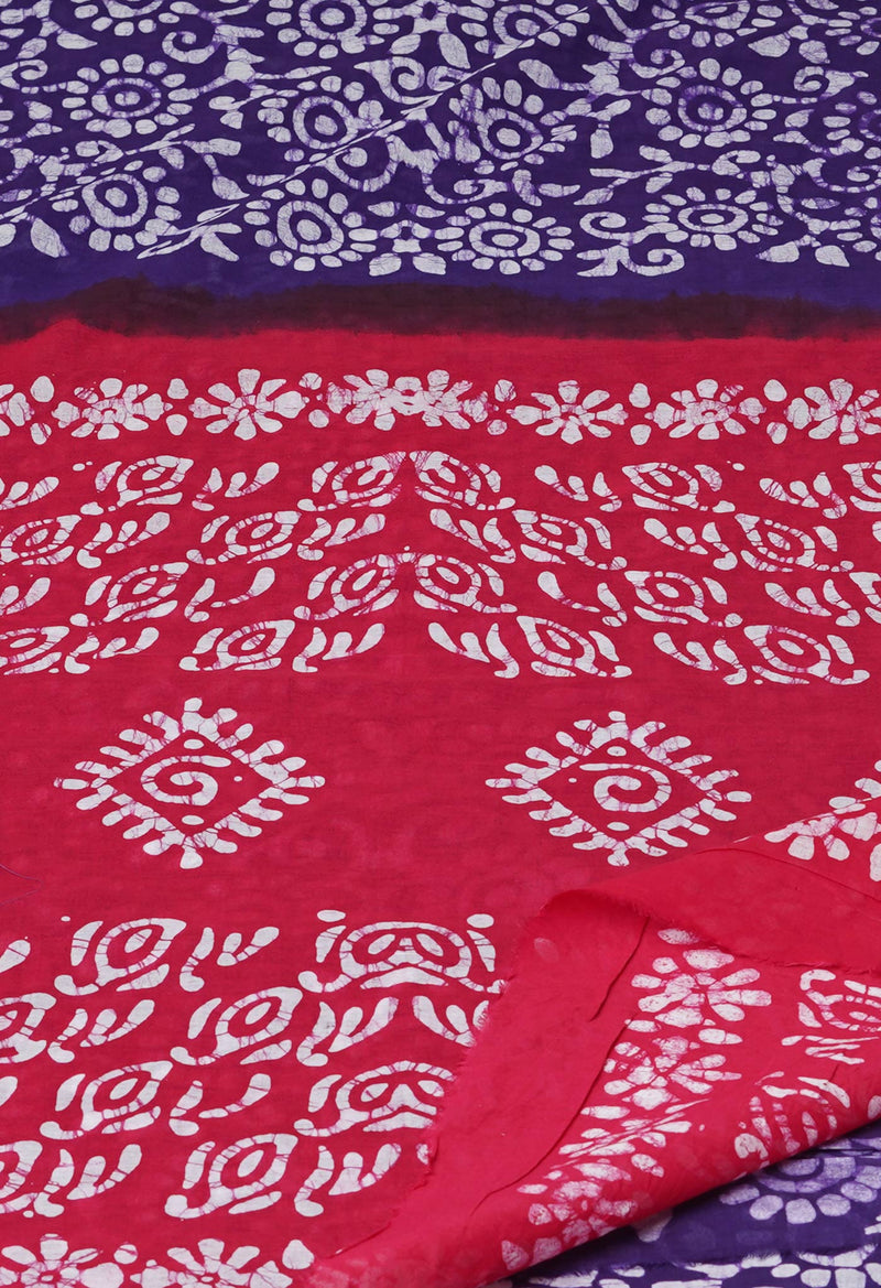 Dark Blue-Red Pure  Hand Batik Printed Cotton Saree-UNM73411
