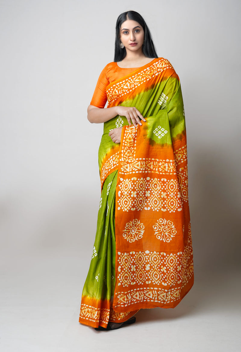 Olive Green-Mustard Yellow Pure  Hand Batik Printed Cotton Saree-UNM73412
