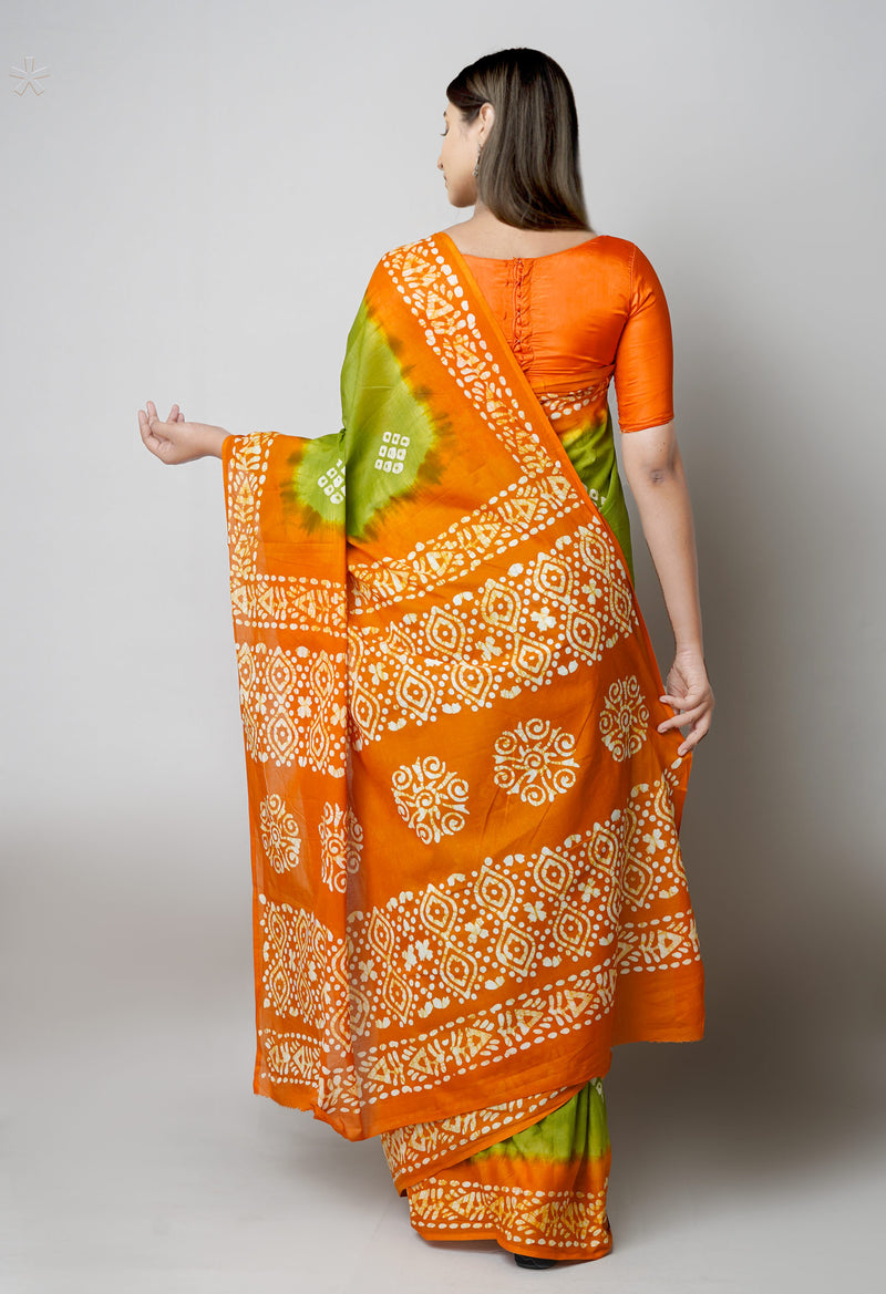 Olive Green-Mustard Yellow Pure  Hand Batik Printed Cotton Saree-UNM73412