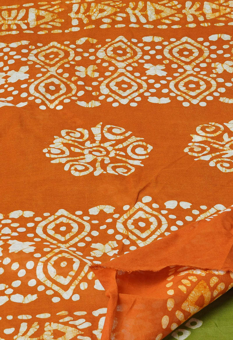 Olive Green-Mustard Yellow Pure  Hand Batik Printed Cotton Saree-UNM73412