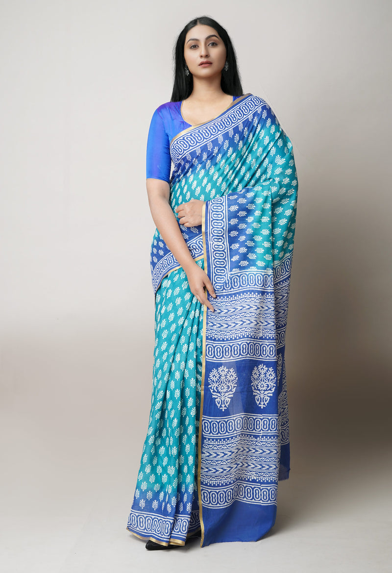 Teal Green-Blue Pure  Contrast Dye Discharge Hand Block Printed Superfine Mulmul Cotton Saree-UNM73413