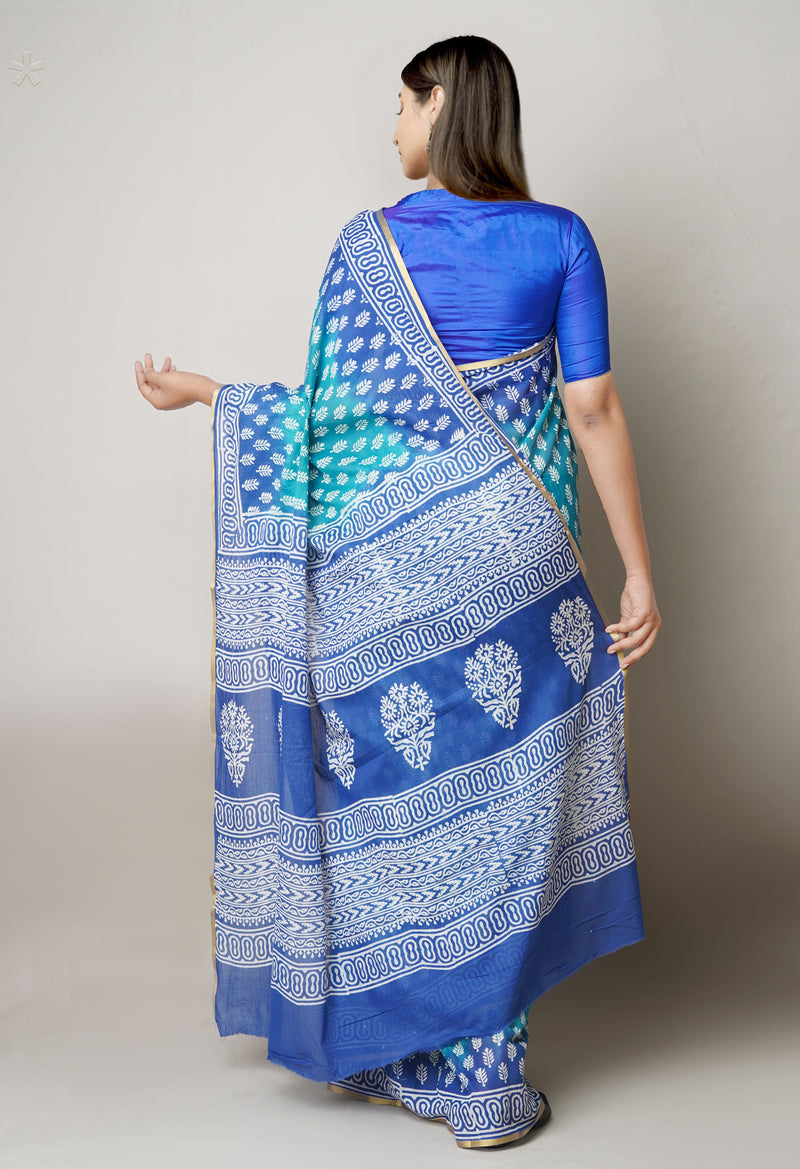 Teal Green-Blue Pure  Contrast Dye Discharge Hand Block Printed Superfine Mulmul Cotton Saree-UNM73413