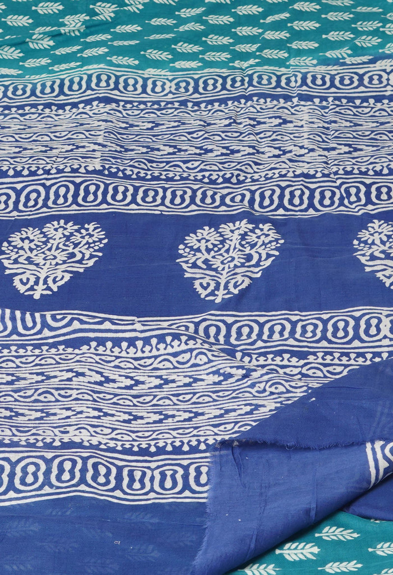 Teal Green-Blue Pure  Contrast Dye Discharge Hand Block Printed Superfine Mulmul Cotton Saree-UNM73413