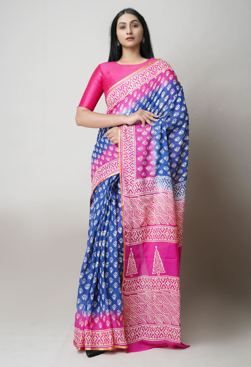 Navy Blue-Pink Pure  Contrast Dye Discharge Hand Block Printed Superfine Mulmul Cotton Saree-UNM73414