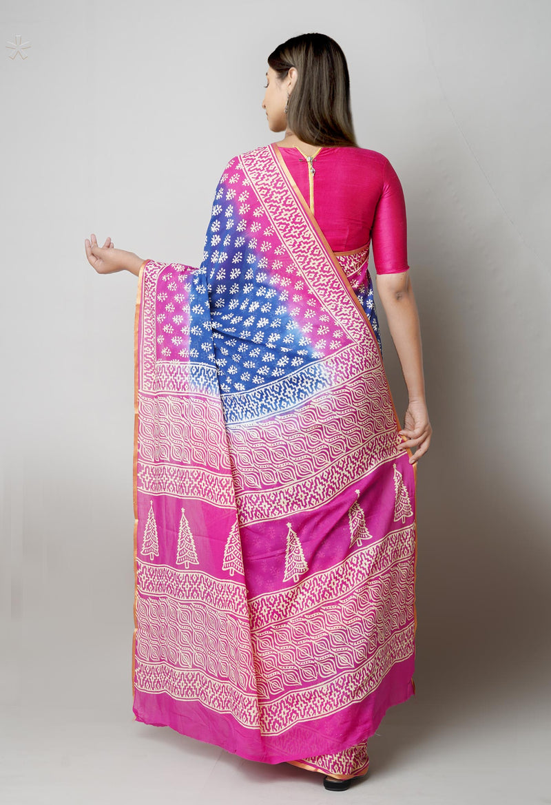 Navy Blue-Pink Pure  Contrast Dye Discharge Hand Block Printed Superfine Mulmul Cotton Saree-UNM73414