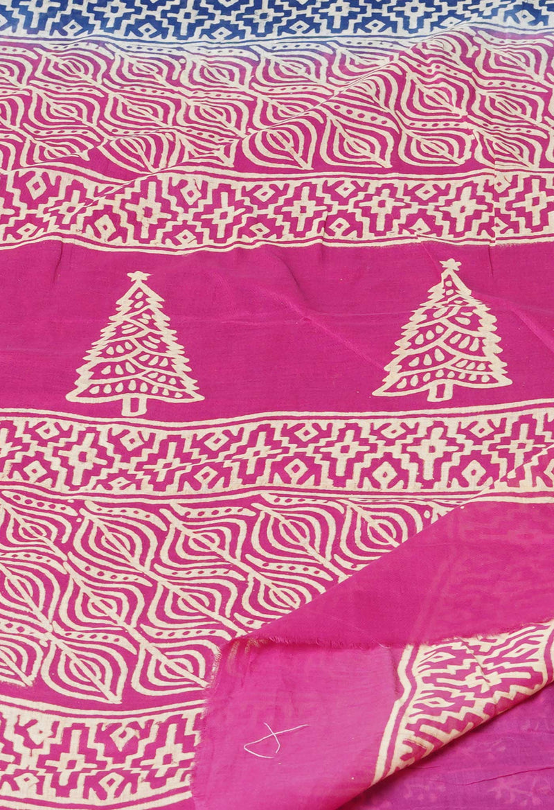 Navy Blue-Pink Pure  Contrast Dye Discharge Hand Block Printed Superfine Mulmul Cotton Saree-UNM73414