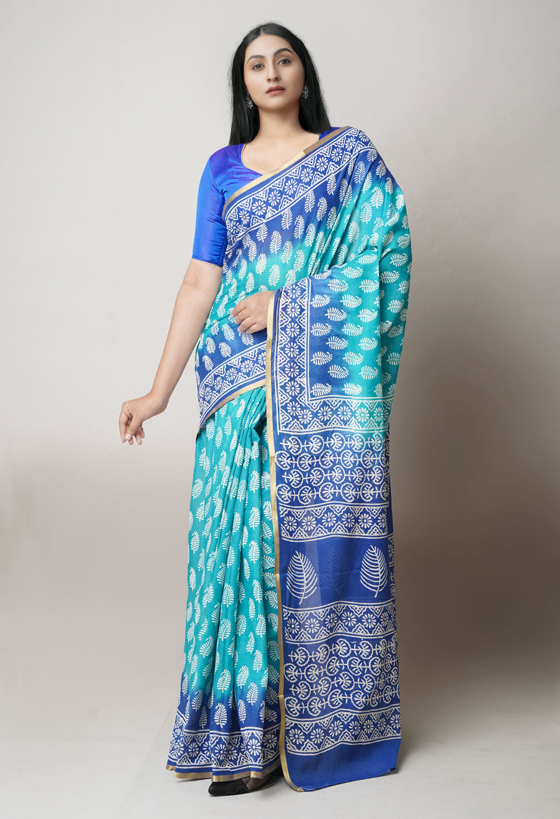 Teal Green-Blue Pure  Contrast Dye Discharge Hand Block Printed Superfine Mulmul Cotton Saree-UNM73415