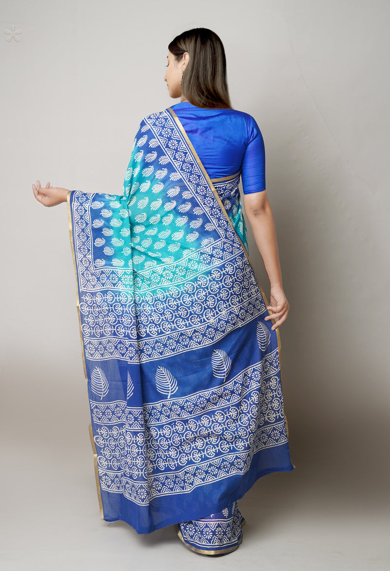 Teal Green-Blue Pure  Contrast Dye Discharge Hand Block Printed Superfine Mulmul Cotton Saree-UNM73415