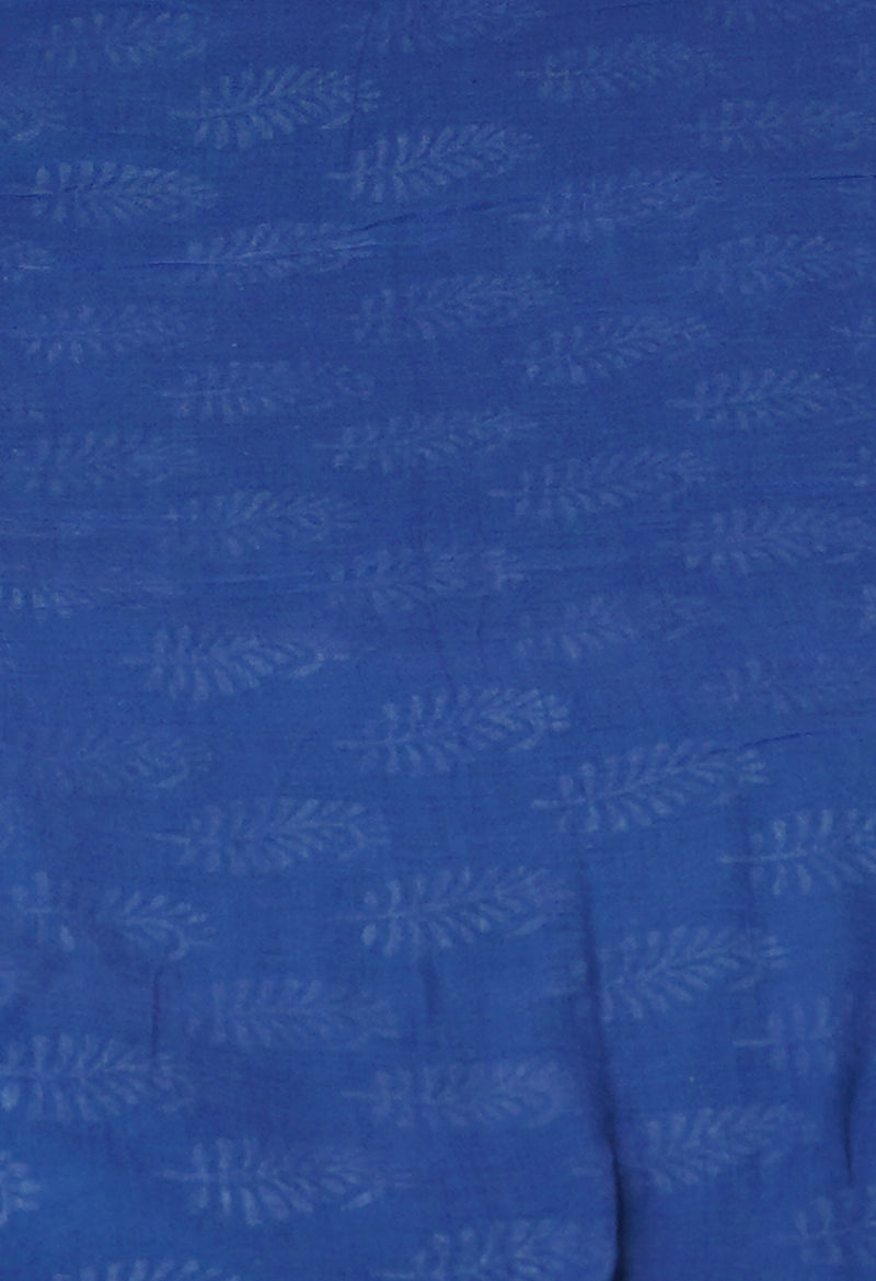 Teal Green-Blue Pure  Contrast Dye Discharge Hand Block Printed Superfine Mulmul Cotton Saree-UNM73415