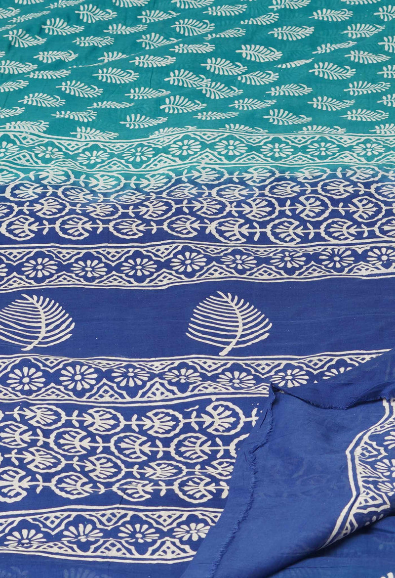 Teal Green-Blue Pure  Contrast Dye Discharge Hand Block Printed Superfine Mulmul Cotton Saree-UNM73415