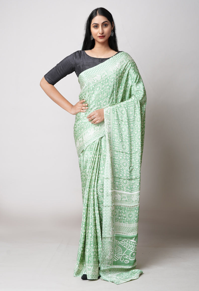 Green Pure  Block Printed Soft Silk Saree-UNM73426