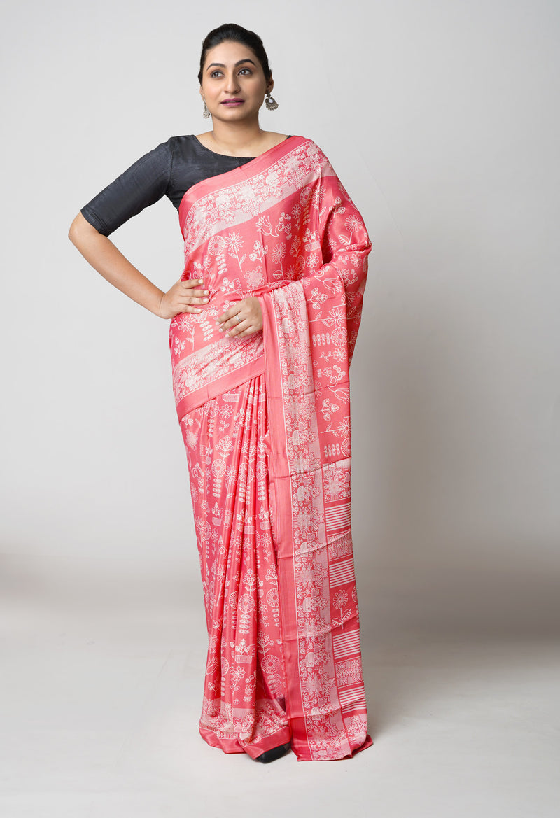 Peach Red Pure  Block Printed Soft Silk Saree-UNM73430