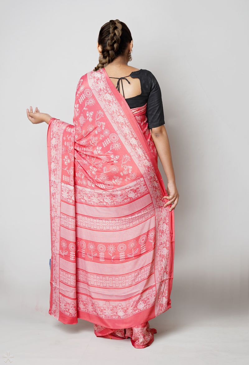 Peach Red Pure  Block Printed Soft Silk Saree-UNM73430