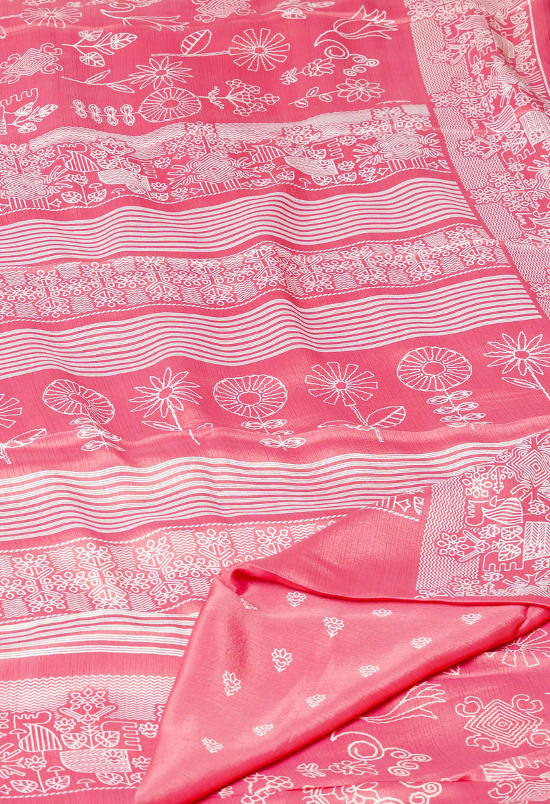 Peach Red Pure  Block Printed Soft Silk Saree-UNM73430