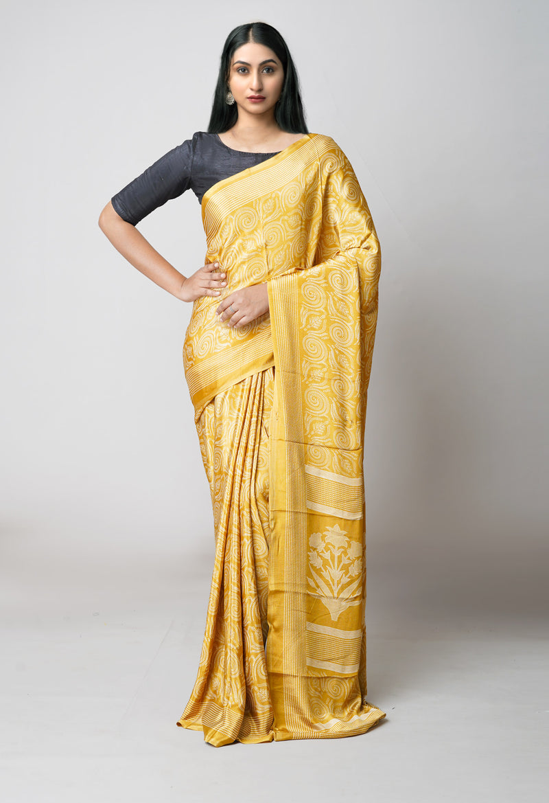 Mud Brown Pure  Block Printed Soft Silk Saree-UNM73432