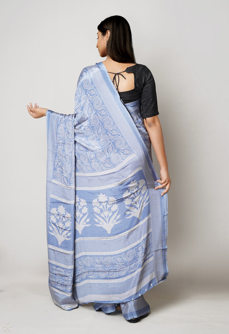 Blue Pure  Block Printed Soft Silk Saree-UNM73434