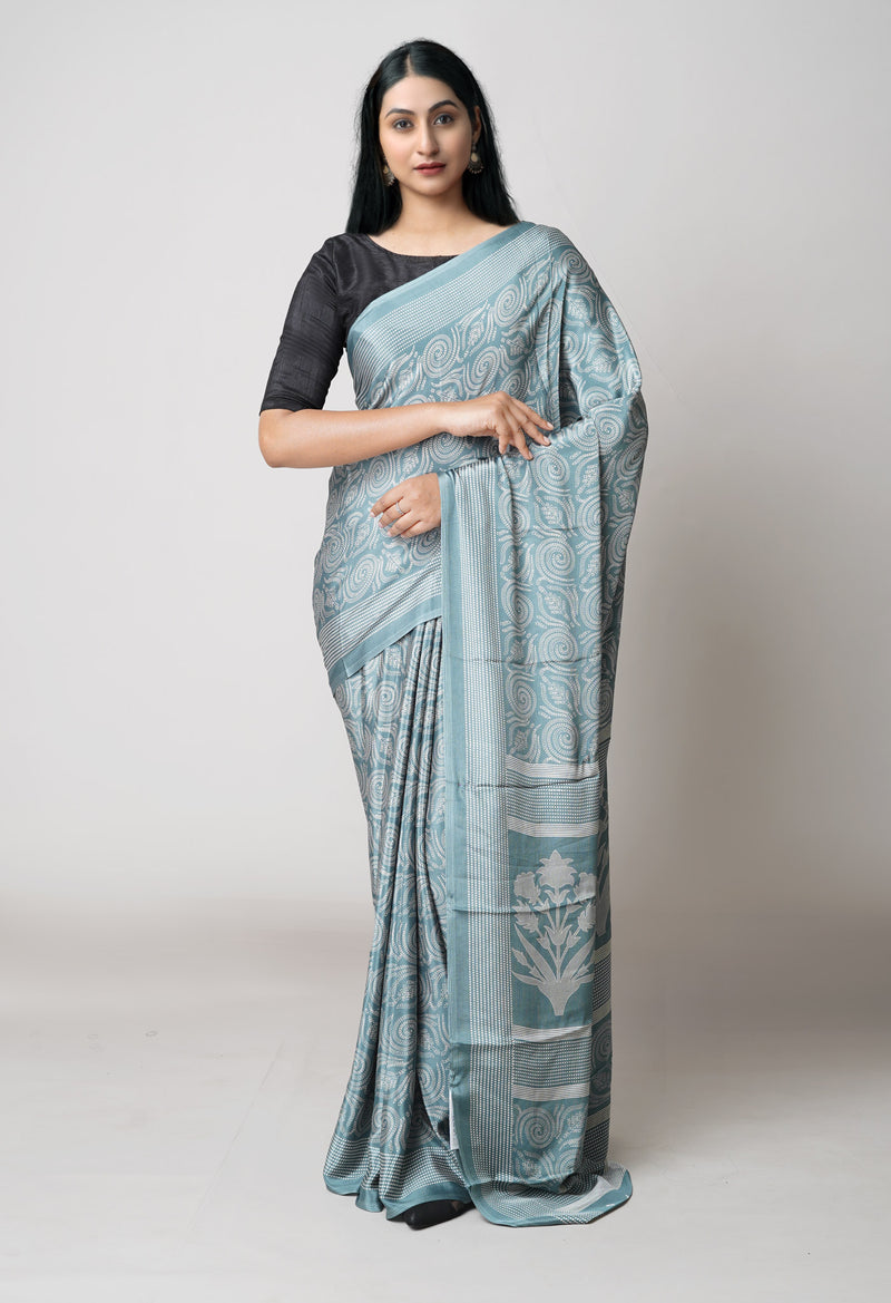 Grey Pure  Block Printed Soft Silk Saree-UNM73435