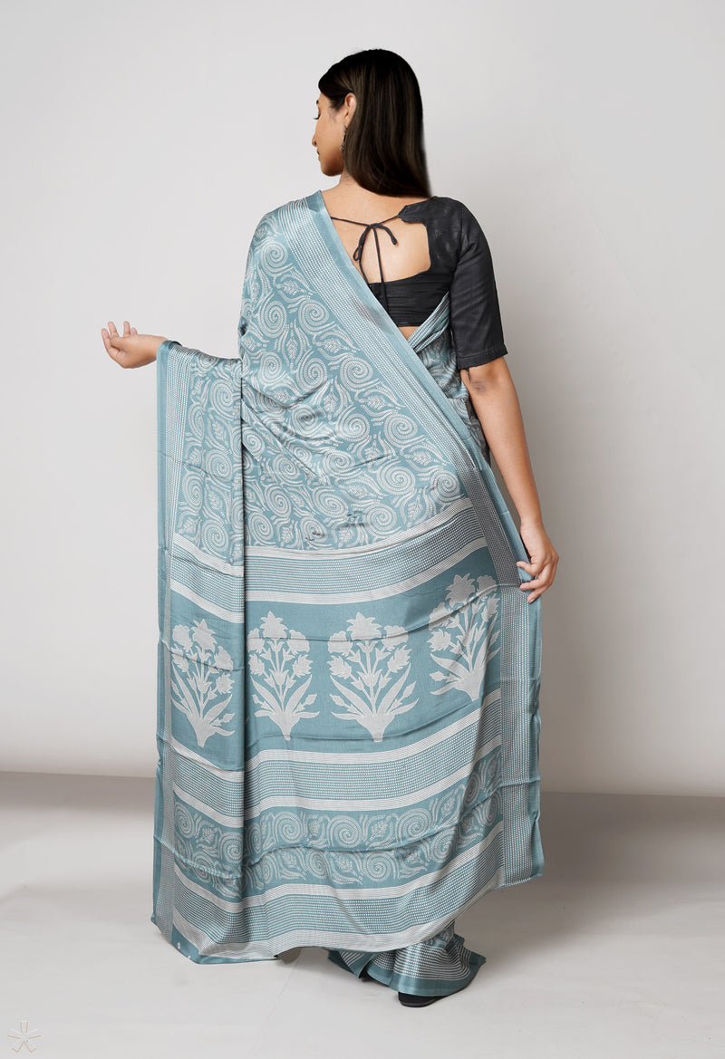Grey Pure  Block Printed Soft Silk Saree-UNM73435
