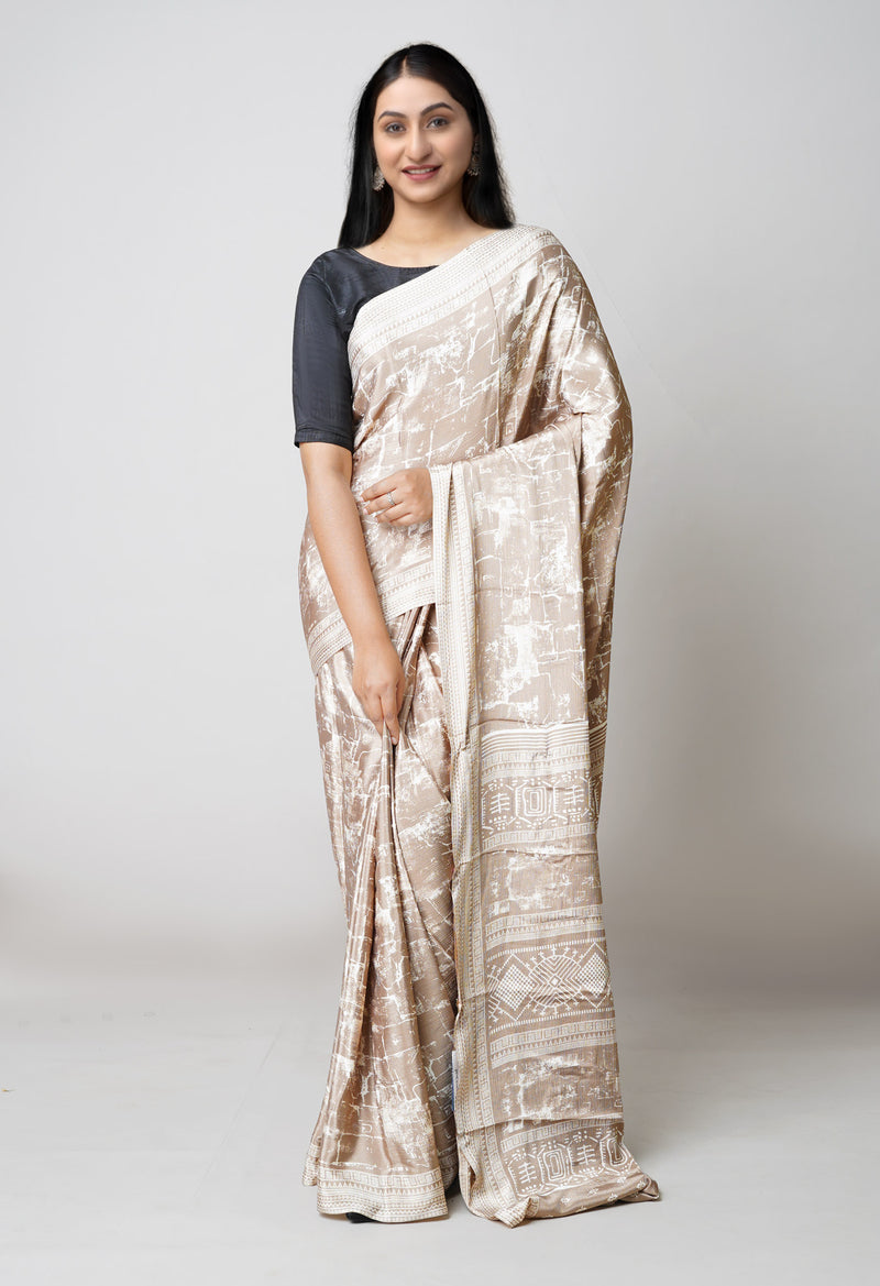 Light Brown Pure  Block Printed Soft Silk Saree-UNM73438
