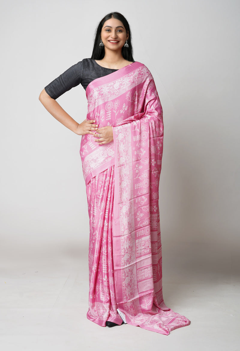 Pink Pure  Block Printed Soft Silk Saree-UNM73440