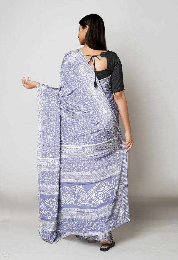 Blue Pure  Block Printed Soft Silk Saree-UNM73443