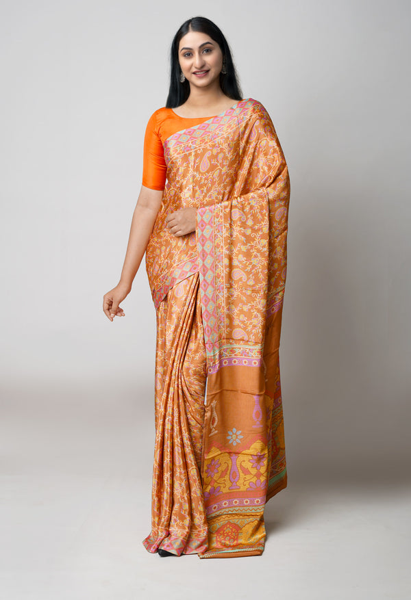 Light Brown Pure  Block Printed Soft Silk Saree-UNM73445