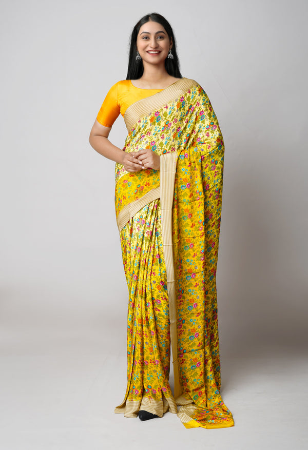 Yellow Pure  Block Printed Crepe Silk Saree-UNM73446