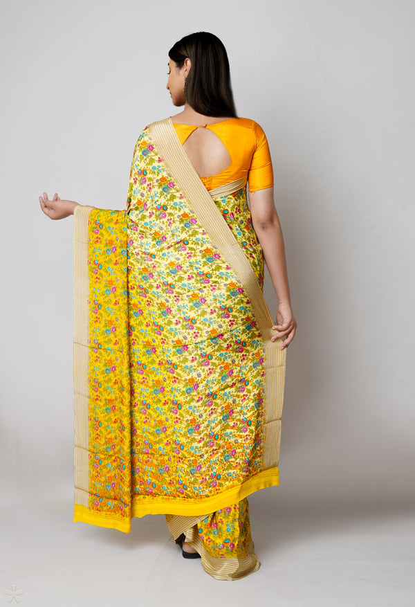 Yellow Pure  Block Printed Crepe Silk Saree-UNM73446