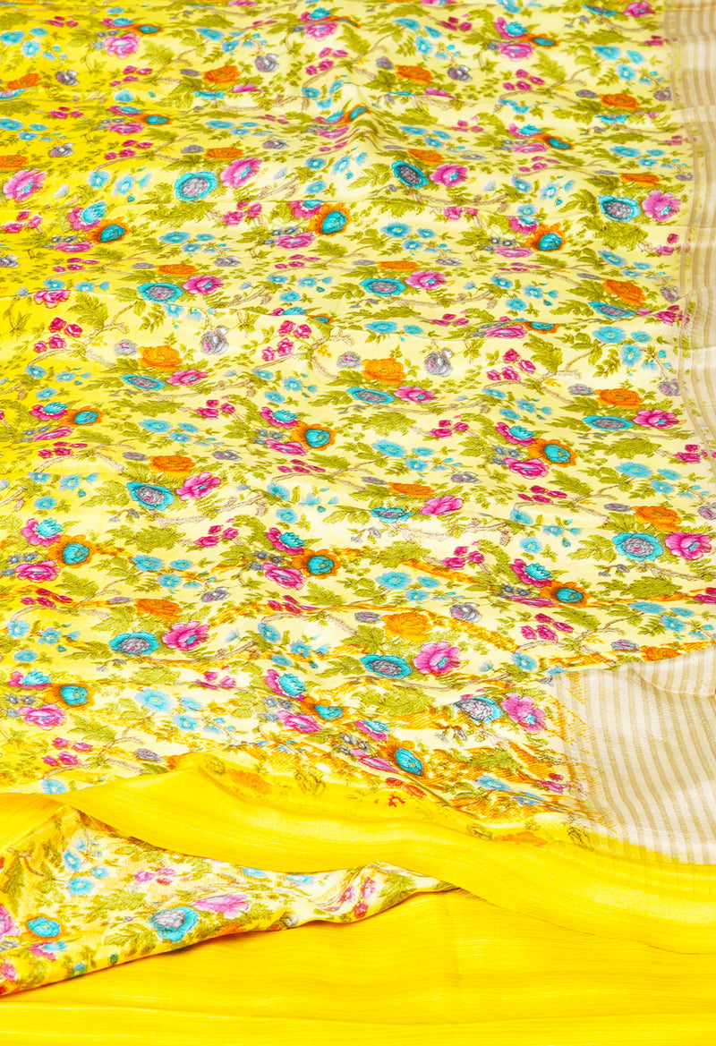 Yellow Pure  Block Printed Crepe Silk Saree-UNM73446
