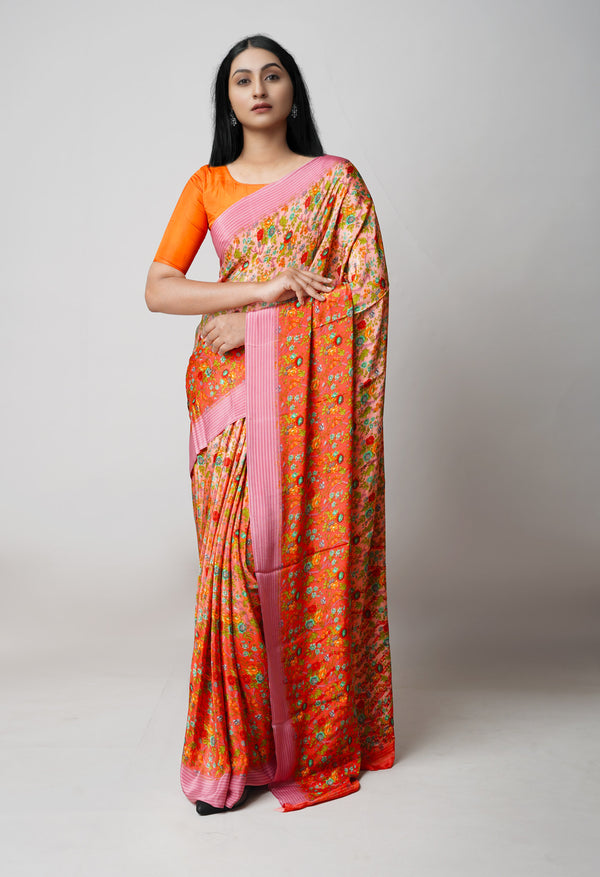 Orange Pure  Block Printed Crepe Silk Saree-UNM73447