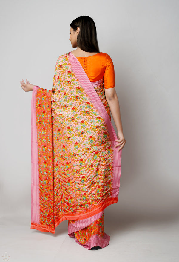 Orange Pure  Block Printed Crepe Silk Saree-UNM73447