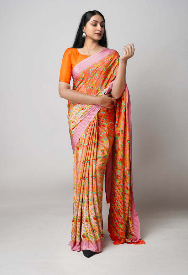 Orange Pure  Block Printed Crepe Silk Saree-UNM73448