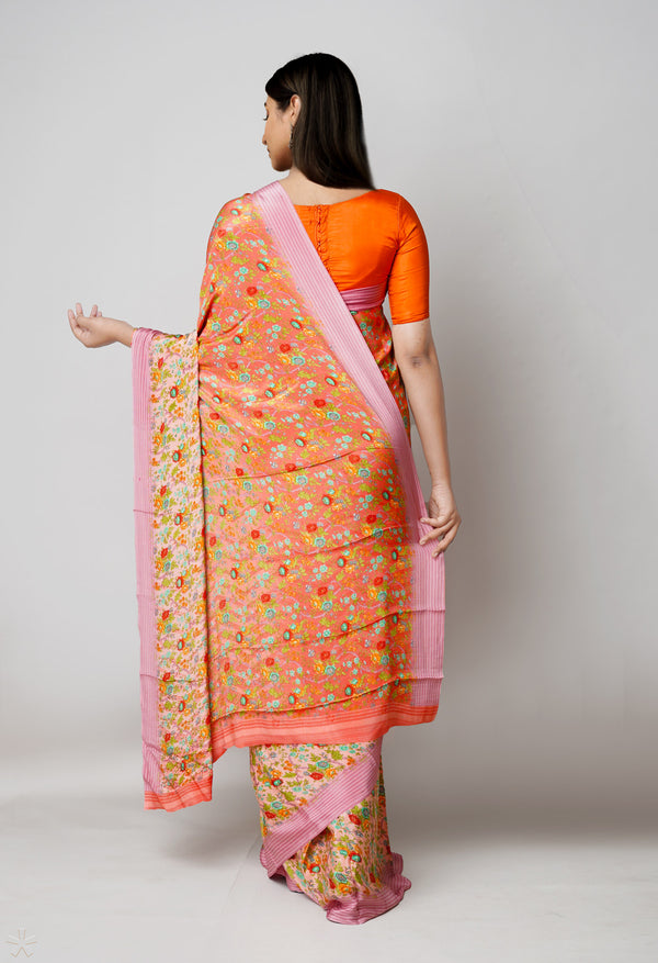 Orange Pure  Block Printed Crepe Silk Saree-UNM73448
