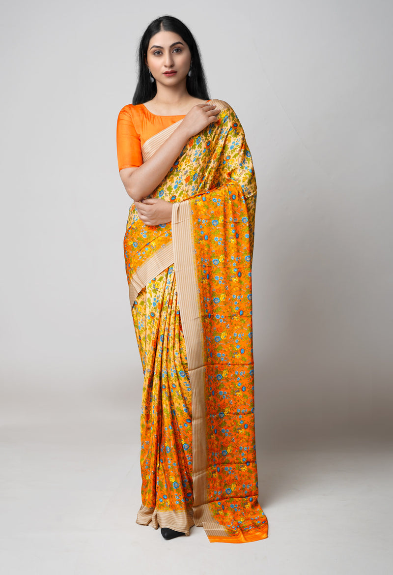 Orange Pure  Block Printed Crepe Silk Saree-UNM73449