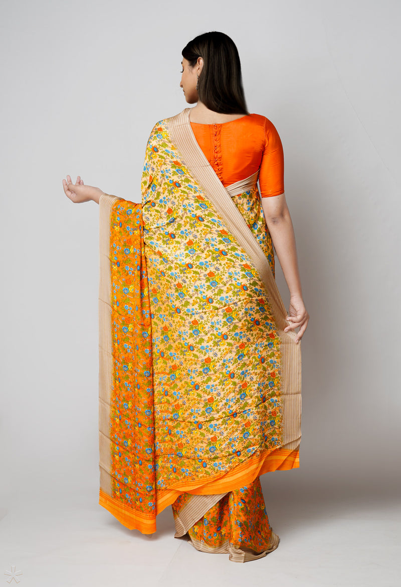 Orange Pure  Block Printed Crepe Silk Saree-UNM73449