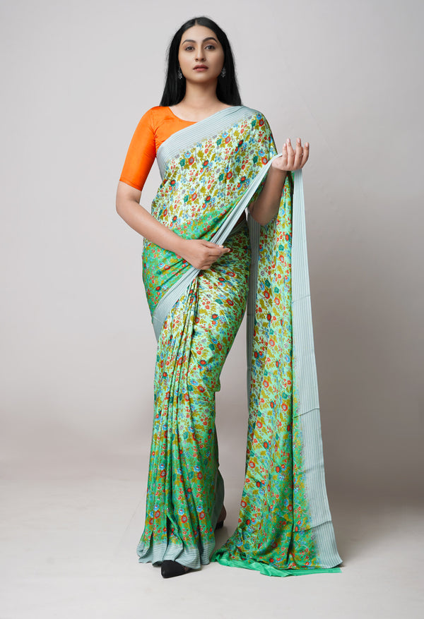 Green Pure  Block Printed Crepe Silk Saree-UNM73450