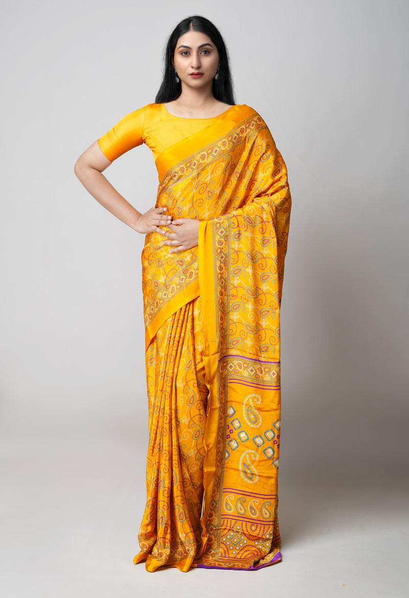 Yellow Pure  Bandhani Printed Soft Silk Saree-UNM73453