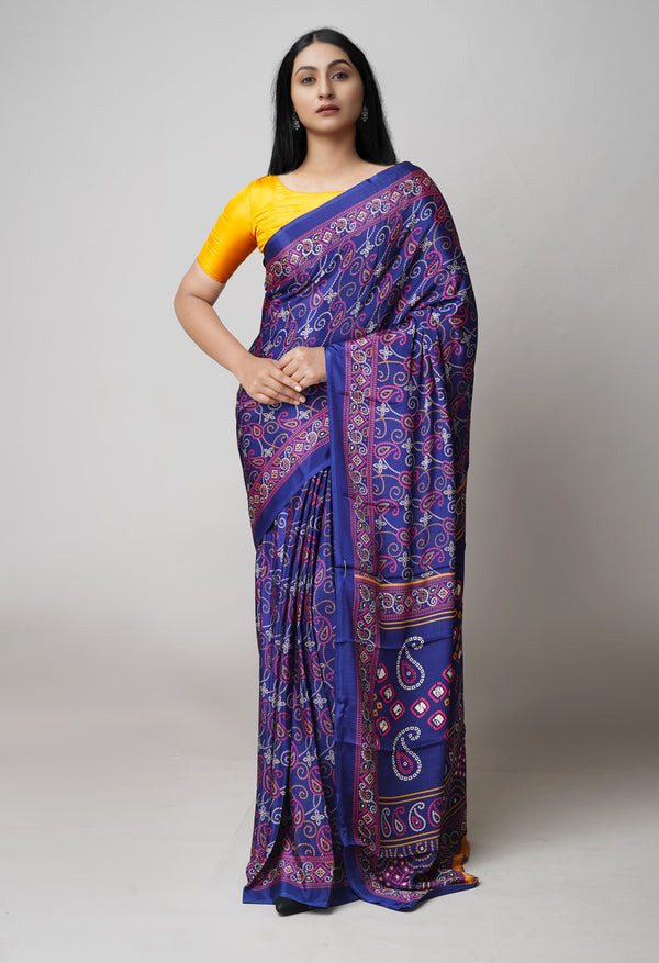 Navy Blue Pure  Bandhani Printed Soft Silk Saree-UNM73454