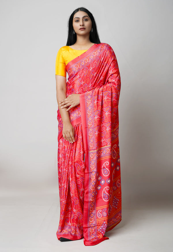 Red Pure  Bandhani Printed Soft Silk Saree-UNM73455