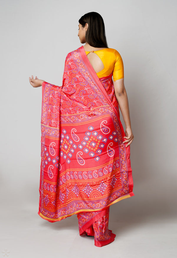 Red Pure  Bandhani Printed Soft Silk Saree-UNM73455