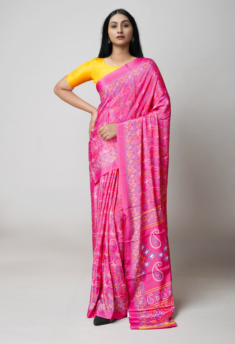 Pink Pure  Bandhani Printed Soft Silk Saree-UNM73456