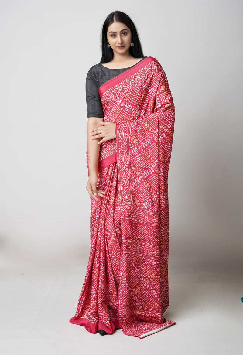 Red Pure  Bandhani Printed Soft Silk Saree-UNM73458
