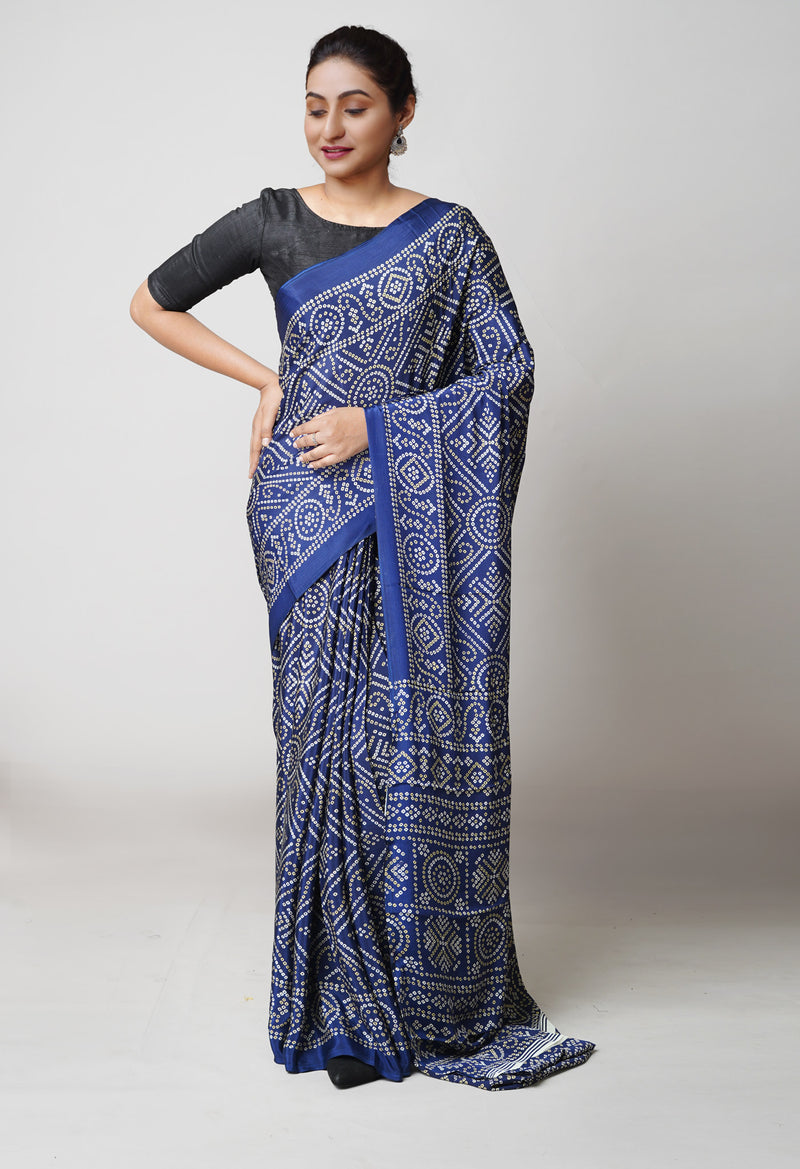 Navy Blue Pure  Bandhani Printed Soft Silk Saree-UNM73464