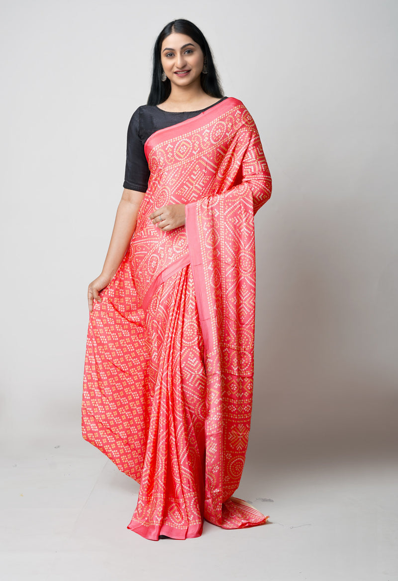 Peach Red Pure  Bandhani Printed Soft Silk Saree-UNM73466