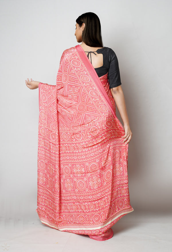 Peach Red Pure  Bandhani Printed Soft Silk Saree-UNM73466