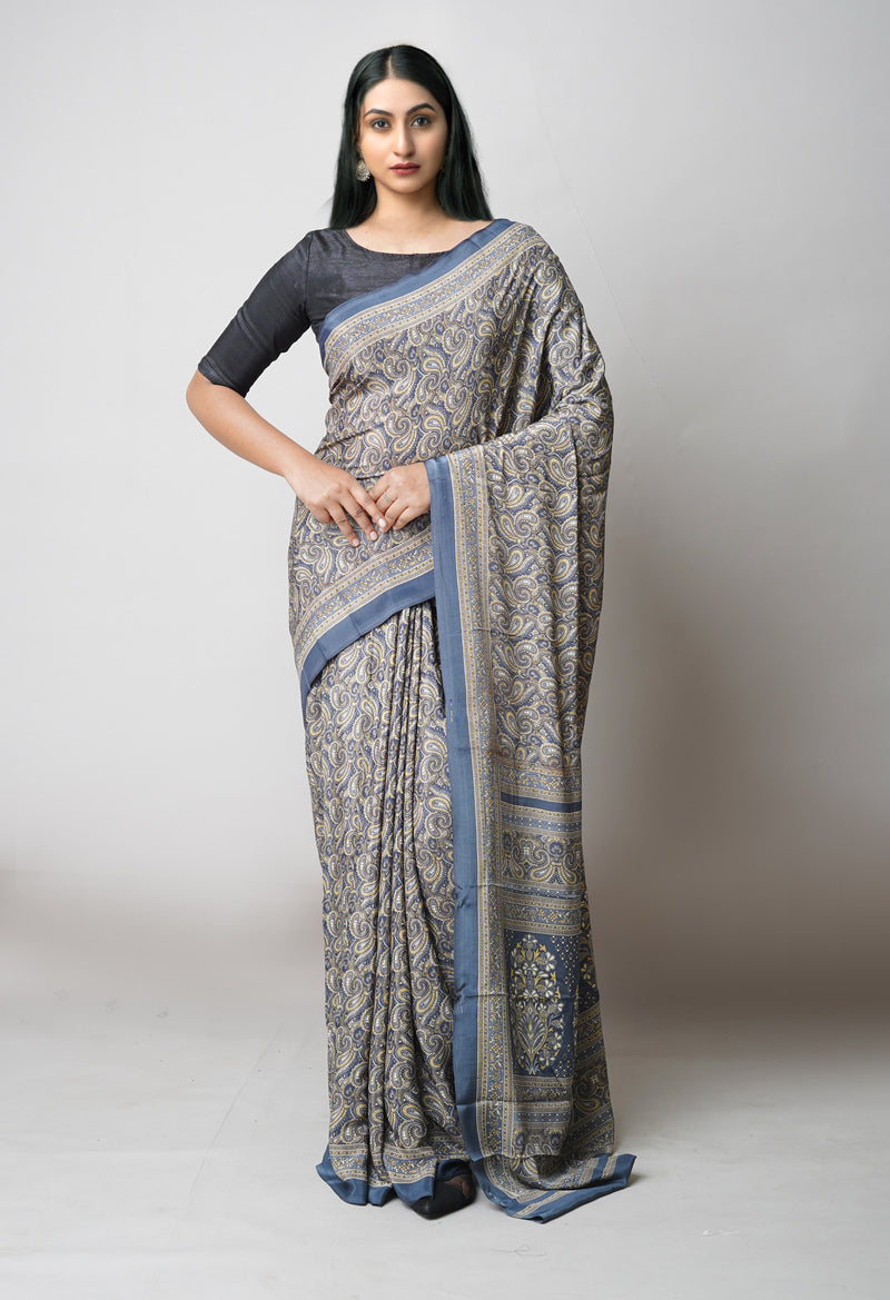 Grey Pure  Block Printed Soft Silk Saree-UNM73468