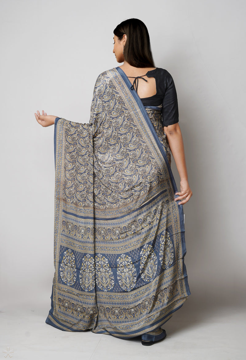 Grey Pure  Block Printed Soft Silk Saree-UNM73468