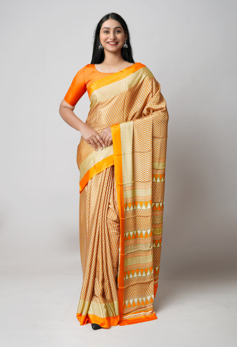 Orange Pure  Block Printed Soft Silk Saree-UNM73469