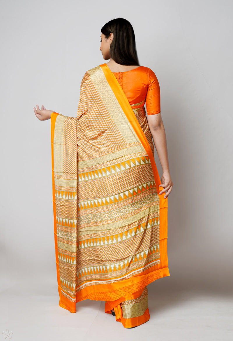 Orange Pure  Block Printed Soft Silk Saree-UNM73469